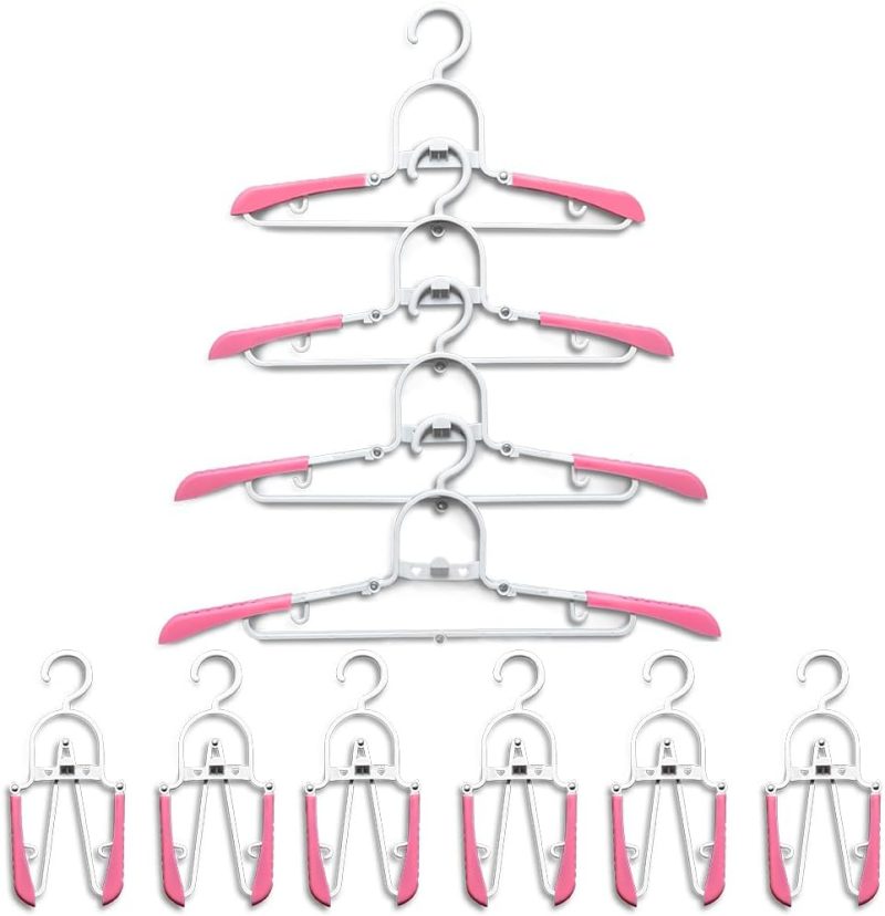 10 Pcs Travel Hangers - Portable Folding Hangers with Multi-Segment Adjustment, Space Saving for Suitcase (Pink)