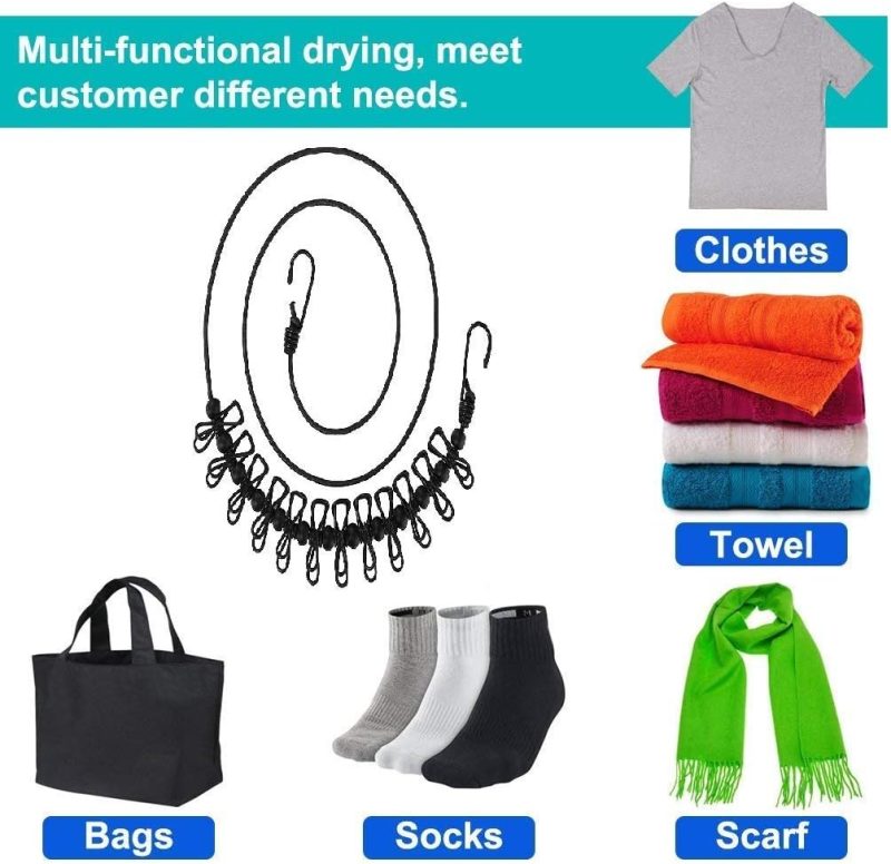 2 Pack Portable Clothesline with 12 Clothespins, Windproof Travel Stretchy Retractable Elastic Laundry Clothes Line for Backyard, Vacation Hotel, Balcony Drying - Image 2