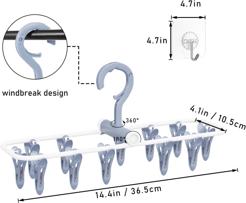 Clothes Drying Hanger with 12 Clips, 2 Pack Folding Portable Hanging Drying Rack,Drip Foldable Hanging Rack, 360° Rotatable Hook for Drying Towels Bras Baby Clothes Gloves Plastic(Blue&Purple) - Image 2
