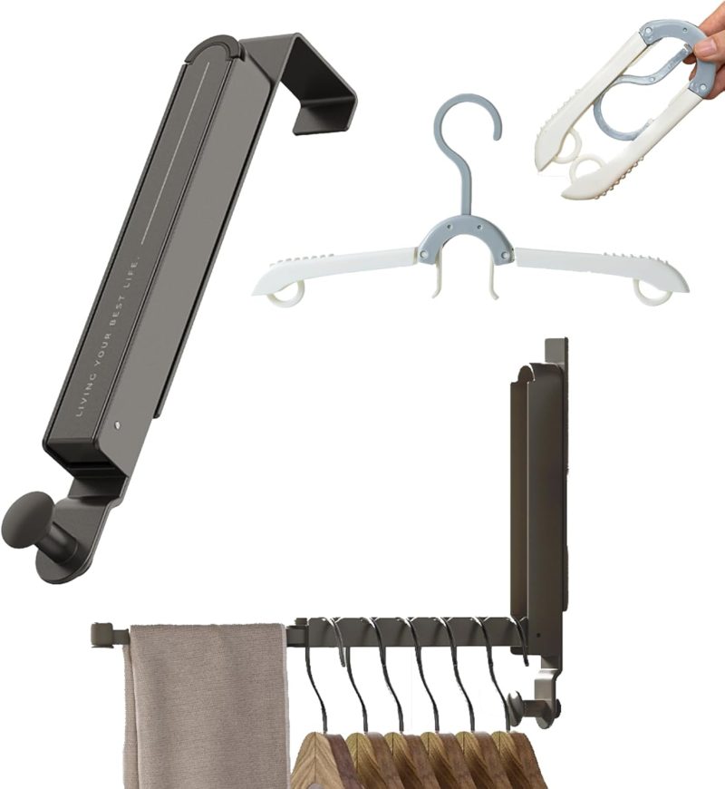 Over The Door Hooks Hanger with Retractable Rod,Foldable Wall Mounted Drying Rack Clothing,with Towel Racks for Coat Clothes Laundry Bathroom Bedroom Travel Hangers (1pcs Hooks+2pcs Foldable Hanger)