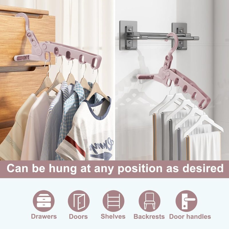 Folding Clothes Drying Rack - 2 Pcs Travel Folding Clothes Hangers, Portable Laundry Room Hanging Rack with 5 Holes for Travel, Hotel, Outdoor, Camping, Student Apartment, Pink - Image 2