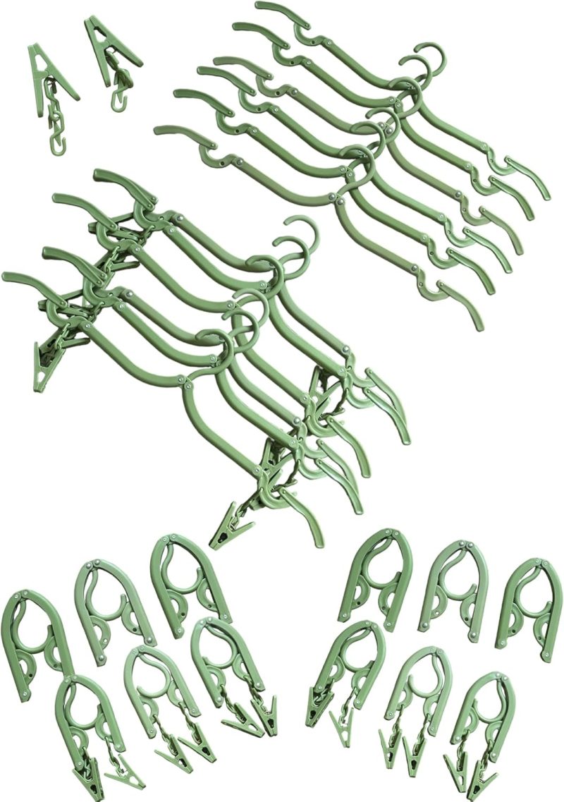Travel Hangers, Foldable Hangers, Cruise Ship Essentials, Cruise, Travel Hangers Foldable for Suitcase, Travel Essentials, and Multi Colored.(14 Piece Set, Including Small Clips) (Green)